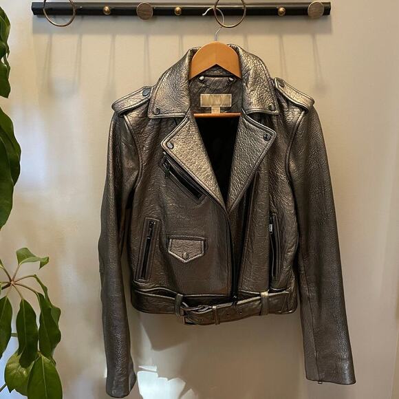 Michael Kors Metallic Silver Leather Jacket | Womens M, Moto Style EUC MSRP $595 - Picture 9 of 12